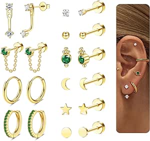 Dainty Gold Flat Back Earrings Hypoallergenic Cartilage Earring Sets for Multiple Piercing 20G Surgical Stainless Steel Earrings Trendy Earring Stacks Small Hoop Flatback Stud Earrings