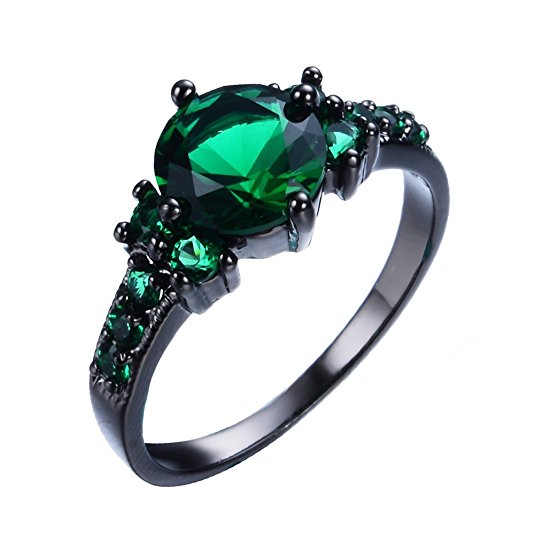 Junxin Black Gold Emerald Green Round Cubic Zirconia CZ Stones Ring Daily Wear Size6/7/8/9/10