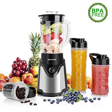 BESTEK BL15 Personal Blender and Coffee Grinder 2-in-1, Single Serve Smoothie Milk-shake Maker with 20oz Glass Jar, 2 BPA-Free Portable Bottles and Travel Lids (300W/Black)