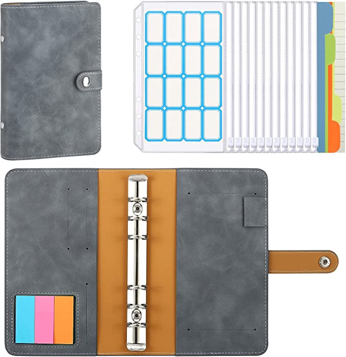 MoKo A6 Budget Binder, 6-Ring PU Leather Loose-Leaf Notebook Folder with 12 Clear Zipper Binder Pockets, 16 Labels, 3 Colors Page Markers, 4 Tabbed Binder Dividers & Loose Leaf Ruled Papers, Gray