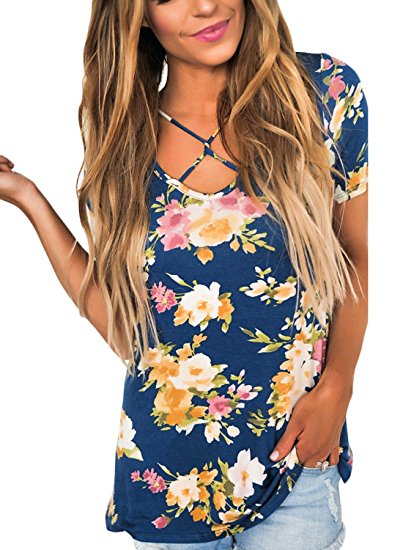 Dokotoo Womens Casual Summer Floral Print Crisscross Cotton Blouses Tops T-Shirts