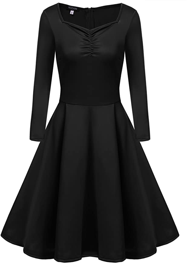 ACEVOG Womens Vintage Dress Midi Elegant Dress, A Line Swing Vintage Long Sleeve Scoop Neck Tea Dress