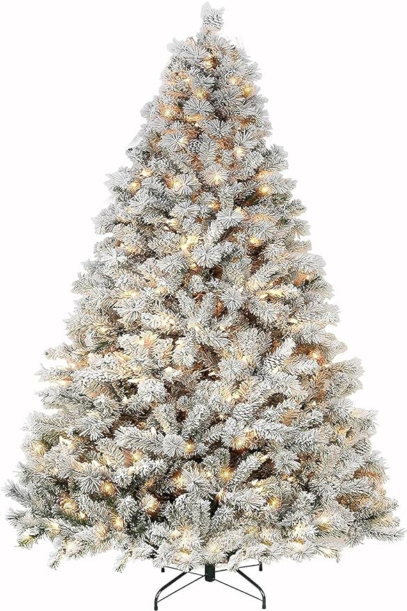 Hykolity 6ft Snow Flocked Christmas Tree, Pre-lit Artificial Tree with 250 Warm White Lights, 762 Branch Tips, Metal Stand and Hinged Branches