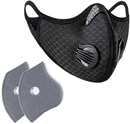 Unisex Sports Madks Reusable Washable with Activated Carbon Filter, Black Breathable Adult Dust Face Màsc Bandanas with 2 Breathing Valve and Ventilation, 1 Pack Black