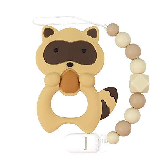 Baby Teething Toys, TYRY.HU BPA Free Silicone Teether with Pacifier Clip Holder for Babies Boys Girls Infant Shower Gift (Raccoon)