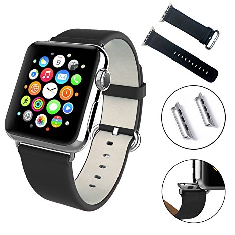 Apple Watch Band, HelloGiftify Genuine Leather Strap Wrist Band Replacement with Apapter Metal Clasp for Apple Watch 42mm All models (Leather - Black)