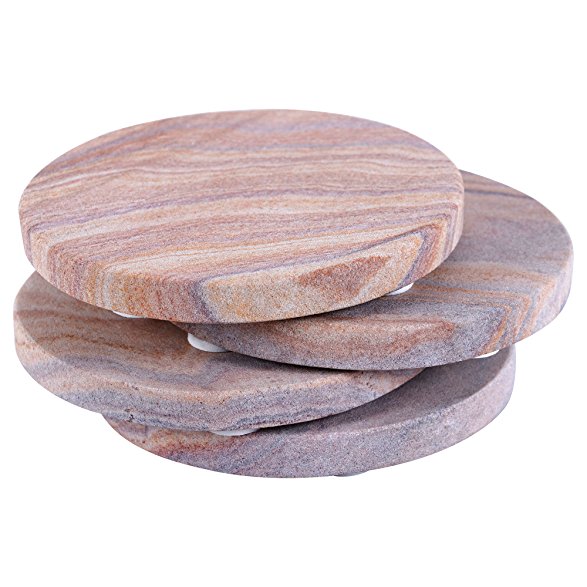 GoCraft Sandstone Absorbent Coasters | Natural Yellow Sandstone Round Coasters for your Drinks, Beverages & Wine/ Bar Glasses (Set of 4)