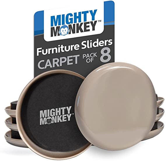 Mighty Monkey Furniture Sliders, 8 Pack, Hard Shell for Carpeted Surfaces Moving Kit, Chair Leg Floor Protectors, Smooth Coaster Pads Help Easily Move Sofa Couches, Heavy Large Furniture Mover Gliders