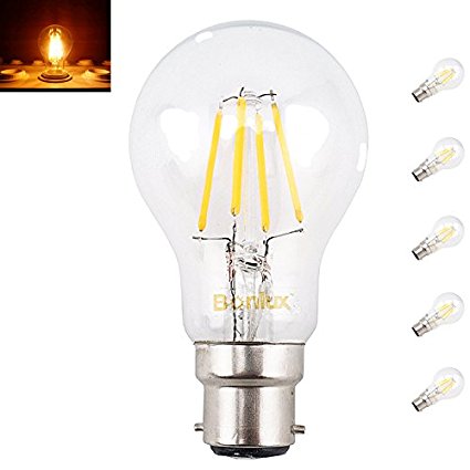 Bonlux 5-Pack 4W A60 B22 Bayonet LED Classic Filament Bulb Warm White 2700K BC GLS A19 LED Antique Filament Bulb 40W Incandescent Replacement(Non-dimmable)