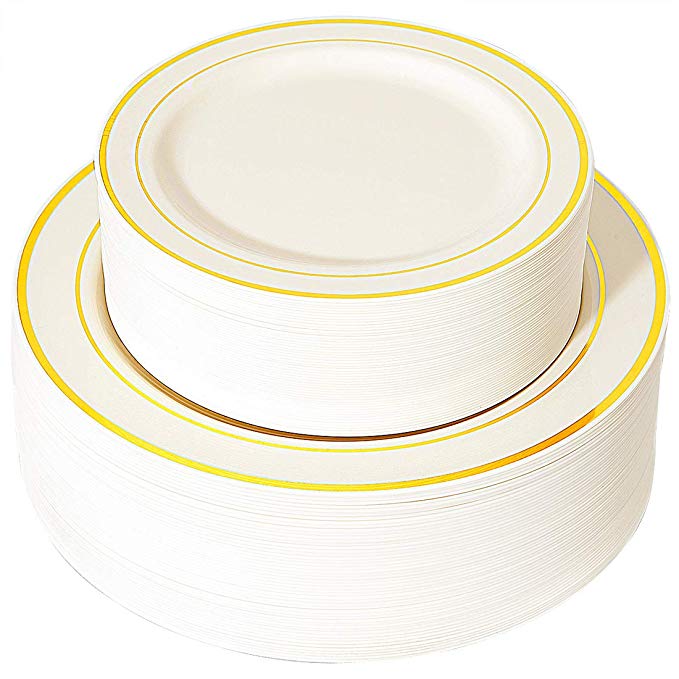 WDF 102 pieces Gold Plastic Plates- Ivory with Gold Rim Disposable Party Wedding Plates,Premium Heavy Duty 51-10.25" Dinner Plates and 51-7.5" Salad Plates