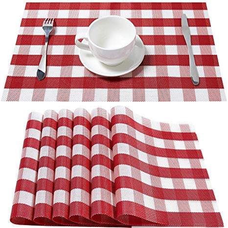Buffalo Check Placemats Valentines Decorations,HQSILK Table Mats,Placemat Set of 6 Non-Slip Washable Place Mats,Heat Resistant Kitchen Tablemats for Dining Table (Red and White Buffalo Check )