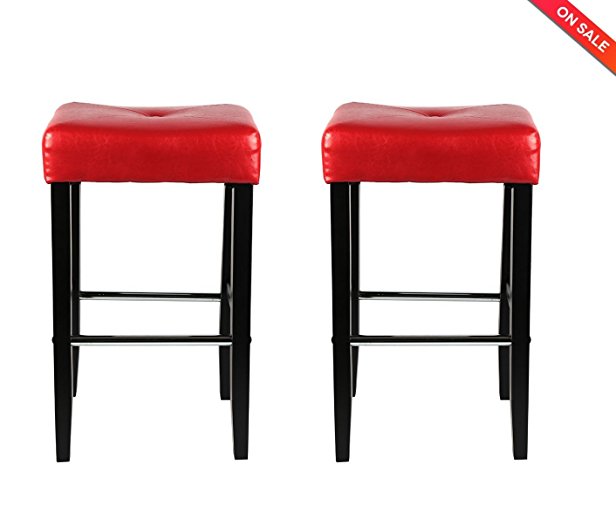 LCH 30-Inch Bonded Leather Bar Stools, Backless Counter Stools with Wood Legs, Red, Set of 2