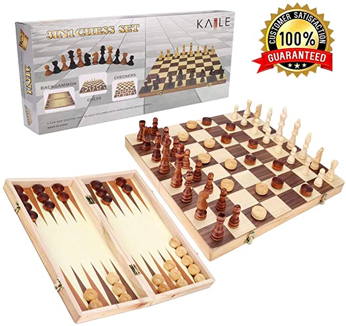 KAILE 3-in-1 Wooden Chess Set & Checkers & Backgammon Set with Folding Carrying Case Folding and Travel Chess Board for Adults and Kids 13 inch