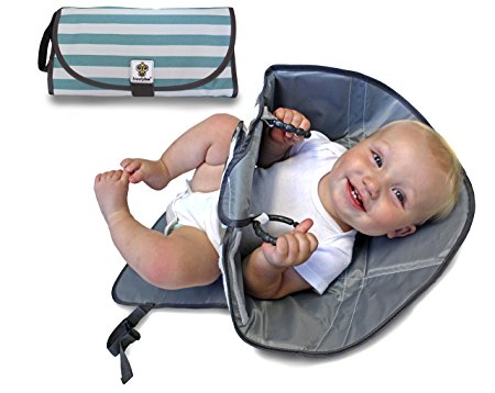 SnoofyBee Portable Clean Hands Changing Pad. 3-in-1 Diaper Clutch, Changing Station, and Diaper-Time Playmat With Redirection Barrier for Use With Infants, Babies and Toddlers (bluestripe)