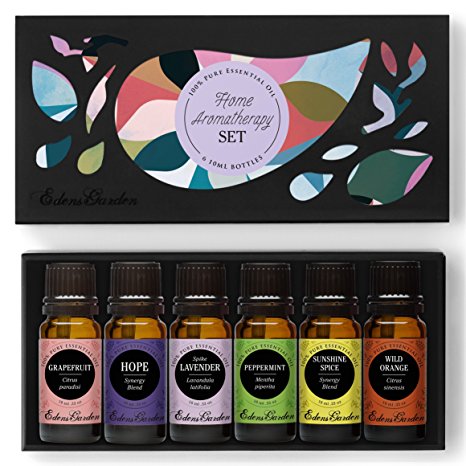 HOME Aroma Set 100% Pure Therapeutic Grade Essential Oil Kit- 6/10 ml of Grapefruit, Hope, Lavender (Spike), Peppermint, Sunshine Spice and Wild Orange Aromatherapy Oils by Edens Garden