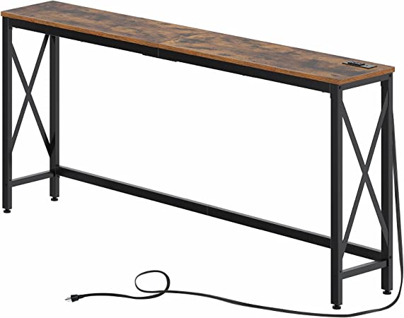 Rolanstar Console Table with Power Outlet, Narrow Sofa Table, 70" Farmhouse Table behind Sofa Couch Hallway Entrance for Living Room, Entryway, Foyer, with Metal Frame and Adjustable Feet,Rustic Brown