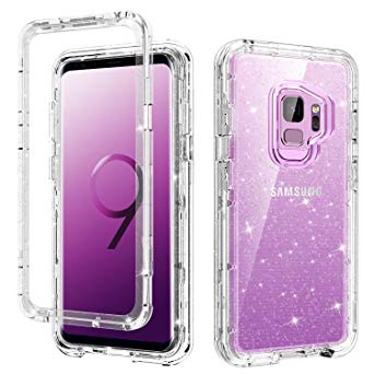 S9 Case Clear,Galaxy S9 Case,DUEDUE 3 in 1 Glitter Shockproof Drop Protection Heavy Duty Hybrid Hard PC Cover Transparent TPU Bumper Full Body Protective Clear Case for Samsung Galaxy S9,Clear/Glitter