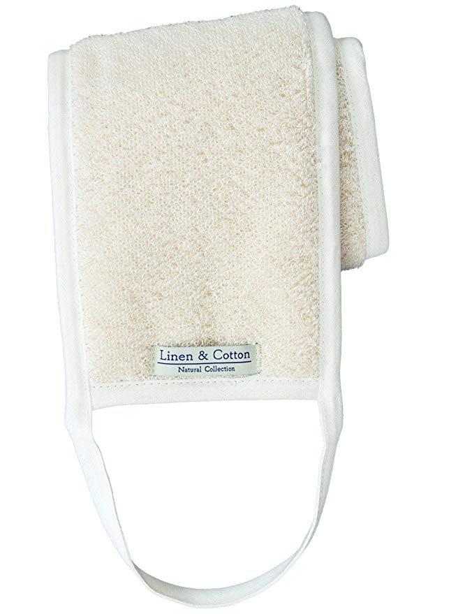 Linen & Cotton Luxury Exfoliating Bath Shower Massage Body Brush Back Washer/Scrubber for Women/Men AIRA, 60% Linen, 40% Cotton - 15 x 70 cm (6'' x 28''), Off-White