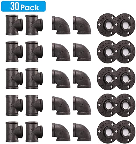 Home TZH Pipe Fitting, 30 Pack 3/4" Black Floor Flange/Elbow/Tee Combo for Industrial vintage style, Flanges/Elbow/Tee with Threaded Hole for DIY Project/Furniture/Shelving Decoration (30, 3/4")