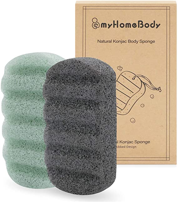 Konjac Bath and Shower Sponge, Natural, Soft, Ribbed Konjac Sponge for Gentle Washing | Healthy Vegan Face and Body Sponge with Aloe Vera and Activated Charcoal 2pc Set