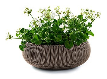 Keter Cozies Large Plastic Knit Texture 21" Planter Bowl with Removable Liner, Harvest Brown