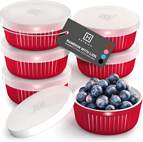 Hatrigo Porcelain Ramekins with Silicone Storage Lids, Set of 6 Red Ramekins, 8 oz Oven Safe to 450 deg F, Dishwasher Safe