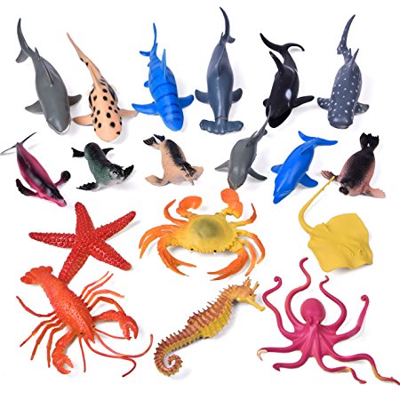 Sea Animals Bath Toys Rubber Ocean Creatures Collection Underwater Marine Fish Sea Life Creature, Pool Toy, Shark, Blue Whale, Starfish, Crab 18 Pcs - Includes a Storage Bag