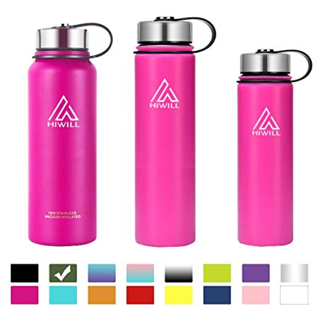Hiwill Stainless Steel Insulated Water Bottle 2 Lids, Cold 24 Hrs Hot 12 Hrs, Double Wall Vacuum Thermos Flask, Travel Sports Leak Proof Bottle, BPA Free