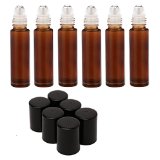 Mavogel 10ml13oz Roll on Glass Bottle- Set of 6 for Essential Oil - Empty Aromatherapy Essential Oils Perfume Bottles - Refillable Slim with Metal Ball and Black Plastic Lid Amber