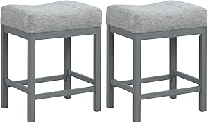 COSTWAY 24.5" Bar Stool Set of 2, Upholstered Breakfast Stools w/Solid Rubber Wood Frame, Humanized Footrest, Farmhouse Saddle Counter Height Stools for Kitchen, Home Bar, Pub, Grey