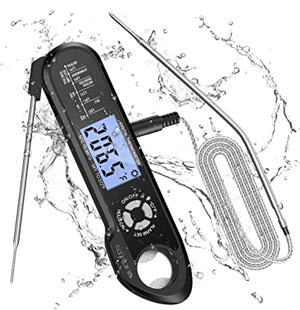 Meat Thermometer, Dual Probe Oven Safe Leave in Thermometer, Instant Read Food Thermometer with Alarm and Backlight for BBQ, Baking, Black (Battery Included)