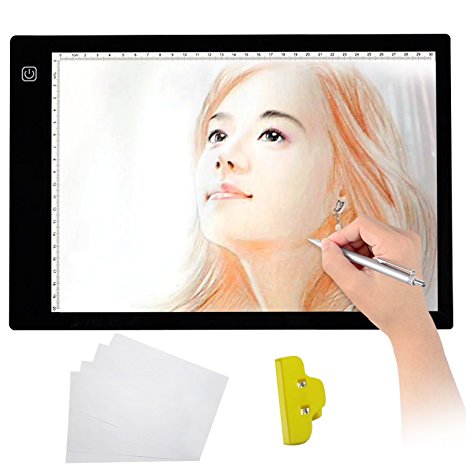 Tracing Light Box,A4 LED Artcraft Tracing Light Pad Light Box For Artists,Drawing, Sketching, Animation,9.4x14.2Inch Light Pad,Drawing Board Clip and 6-Piece racing Paper (Black)