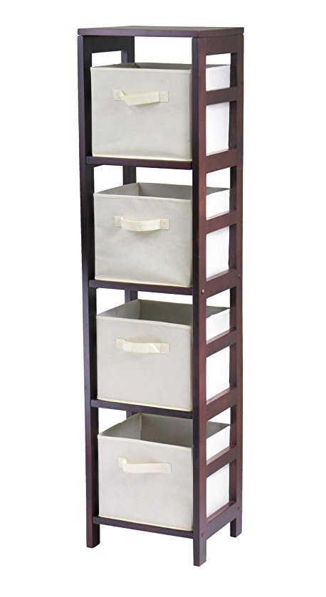 Winsome Wood Capri Wood 4 Section Storage Shelf with 4 Beige Fabric Foldable Baskets