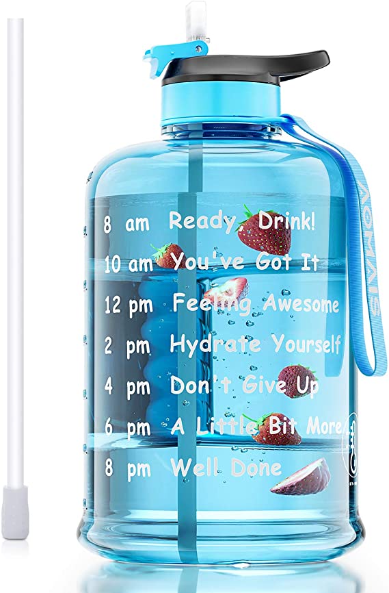 AOMAIS Motivational Gallon Water Bottle With Time Marker, Straw, Big Water Jug, Wide Mouth Leak proof lid with Spout, BPA free Reusable Plastic Bottles for Running Sports Fitness Outdoor-Blue
