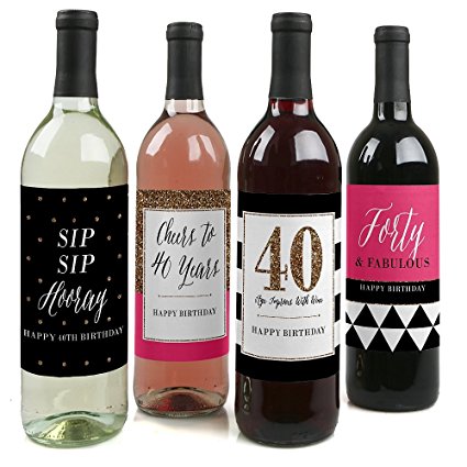 Chic 40th Birthday - Pink, Black and Gold - Wine Bottle Labels Birthday Gift - Set of 4