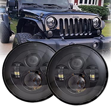LX-LIGHT 7'' Round Black Cree LED Headlight High Low Beam for Jeep Wrangler JK TJ LJ CJ Hummber H1 H2 (Pair)