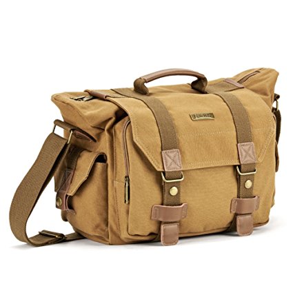 Vintage Canvas Camera Bag, Evecase Large Messenger DSLR Digital Camera Bag w/ Rain Cover, Tablet/Laptop Compartment, Removal padded insert and Shoulder Strap - Khaki