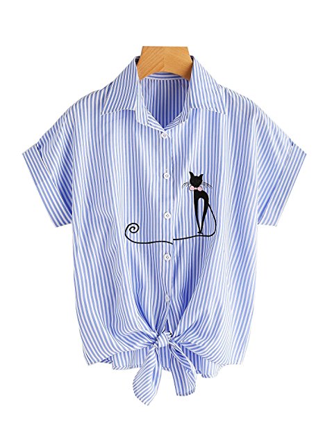 Roshop Women's Tie Front Knot Basic Simple Button-Down Shirt With Cute Cat Embroidered