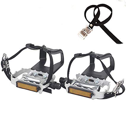 NAMUCUO Bike Pedals with Clips and Straps, for Spin Bike, Exercise Bike and Outdoor Bicycles, 9/16-Inch Spindle Resin/Alloy Bicycle Pedals, 6 Month Warranty