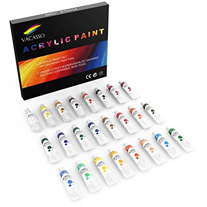 Acrylic Paint Set of 24 Colors by VACASSO, Perfect for Painting Canvas, Wood, Clay, Fabric, Ceramic & Crafts, Non-Toxic & Quick Dry, Great for Beginners, Hobbyists & Artists