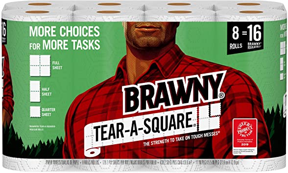 Brawny Tear-A-Square Paper Towels, 8 Rolls, 8 = 16 Regualr Rolls, 3 Sheet Size Options, Quarter Size Sheets
