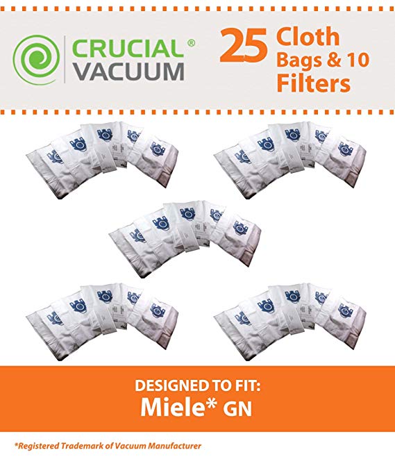 Think Crucial 25 Replacements for Miele GN Cloth HEPA Style Bags, 5 Motor & 5 Air Filters Fit S400i-S456i, S600-S658, S800-S858 & S5000-S5999, Compatible With Part # 10123210