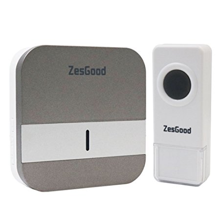 ZesGood Portable Wireless Doorbell Chime Plug-in Push Button with LED Indicator, No Batteries Required for the Receiver (Silver)