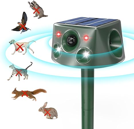 360° Animal Deterrent, 7 Modes Solar Powered Animal Repellent Outdoor with Motion Sensor and Flashing Light, Waterproof Squirrel Repellent for Skunk Raccoon Wildcat Rabbit, Frequency 18kHZ