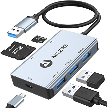 SD Card Reader,ABLEWE USB 3.0 Card Hub Adapter with SD/TF Card Readers & 3 USB 3.0 Ports Compatible for Windows Mac Linux