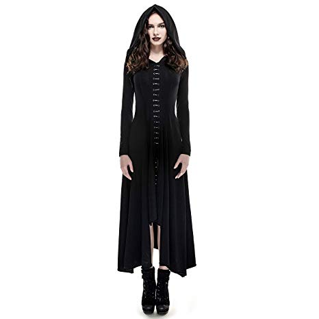Punk Rave Women Gothic Vintage Long Sleeve Black Dresses Asymmetrical High Low Hoodie Dress Renaissance Costumes