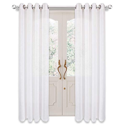 VOILYBIRD Palma Linen Textured Semi Sheer Curtains for Living Room 84 Inches Long Draperies & Curtains Bronze Grommet for Patio Door (52''W x 84''L, 2 Panels, White)