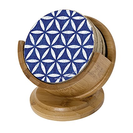 Thirstystone TSUX8-H97-KA Bright Blue Lattice Pattern Sanstone Drink Coaster Set with Wood Holder Included, Multicolor