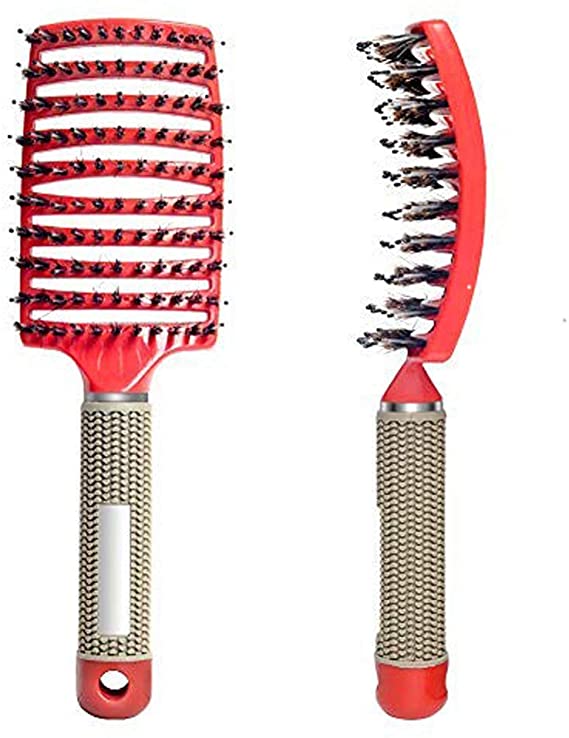 Emoly 2 Pack Vented Curved Hairbrush, Boar Bristle Hair Brush for Women, Wet Dry Detangling Brushes, Styling Tools for Tangled Long Thick Curly Hair (Red)