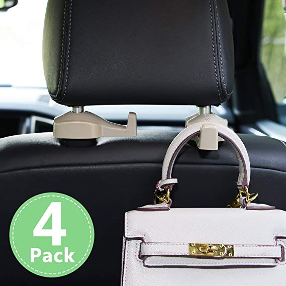 Toplus 4 PACK Car Headrest Hooks - Vehicle Universal Car Organizer Car Back Seat Headrest Hanger Holder Hook for Bag Purse Cloth Grocery, Cream - Coloured